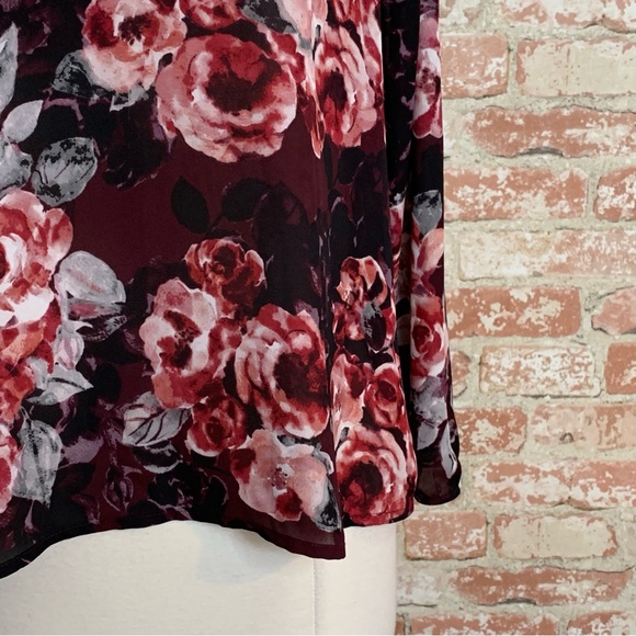 CUPCAKES AND CASHMERE Blouse Floral Top Large Burgundy Wine - Picture 6 of 11